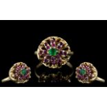 Ladies Attractive 14ct Gold Ruby and Emerald Set Cluster Ring.