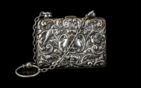 Ladies Heavy Embossed Silver Purse. Fully Hallmarked. Maker J. C. P & Co. Approx Size 7 by 5 cms.