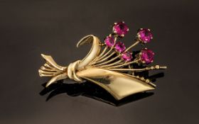 Ladies - Attractive Signed Rubies Set Flower Brooch. Fully Hallmarked for 9.375.