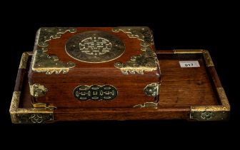 Chinese Hardwood Box And Cover With Brass Strapwork Throughout, Together With Matching Tray,