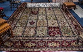 Large Wool Rug, Beige ground with red designs depicting animals, fruit trees, and flowers.
