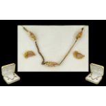 Black Hills Gold Pendant Necklace And Earring Set In Tricolour Gold, Naturalistic Design. In