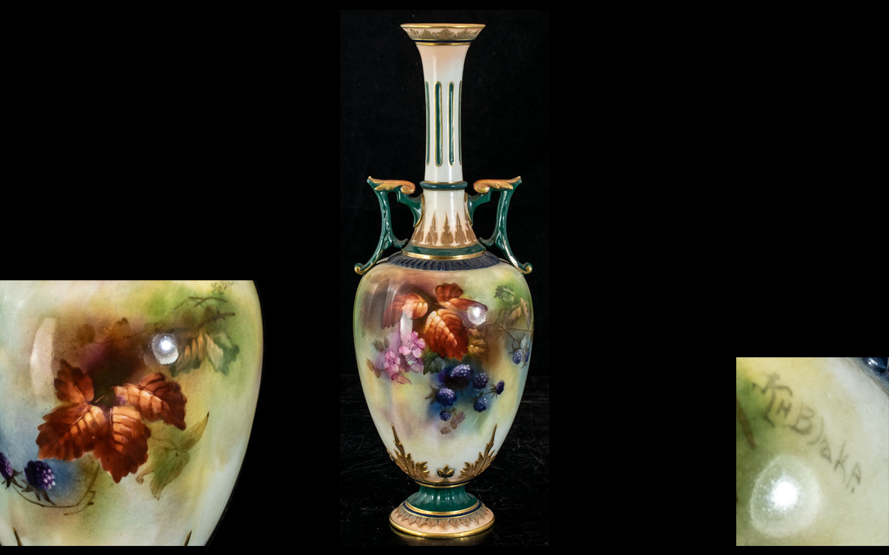 Royal Worcester Hand Painted and Signed Twin Handle Narrow Stem Vase, With ' Fruits ' Still Life