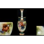 Royal Worcester Hand Painted and Signed Twin Handle Narrow Stem Vase, With ' Fruits ' Still Life