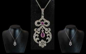 18ct White Gold - Attractive and Exquisite Diamond and Pink Stone Set Open-Worked Pendant,