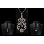 18ct White Gold - Attractive and Exquisite Diamond and Pink Stone Set Open-Worked Pendant,