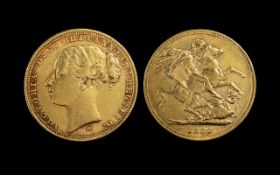 Queen Victoria Young Head - St George 22ct Gold Full Sovereign - Date 1882. Melbourne Mint, Good