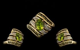 Ladies 9ct Gold Peridots & Diamond Chips Ring. Ring Size Approx N. Fully Hallmarked.