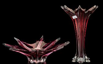 Two Pieces of Murano Glass comprising a red glass tall vase,