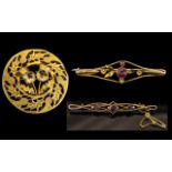 A Fine Trio of Antique Period 9ct Gold Stone Set Brooches ( 3 ) All Marked 9ct - 9.375.