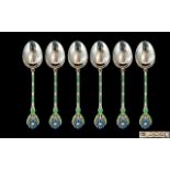 Art Nouveau Design Superb Set of Six ( 6 ) Sterling Silver and Enamel Small Teaspoons,