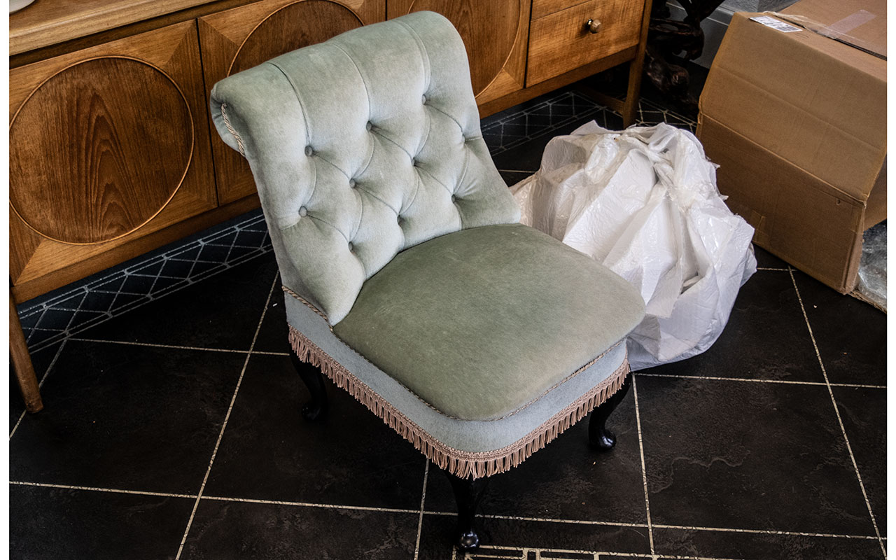 Pale Green Velour Bedroom Chair, with decorative fringing, buttoned back.