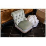Pale Green Velour Bedroom Chair, with decorative fringing, buttoned back.