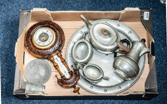 Collection of Pewter Ware, comprising hammered pewter teapot, milk jug and sugar bowl, water jug,