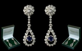 18ct White Gold - Pleasing and Attractive Diamond and Sapphire Set Pair of Drop Earrings. The