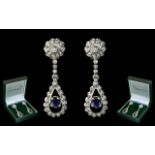 18ct White Gold - Pleasing and Attractive Diamond and Sapphire Set Pair of Drop Earrings.