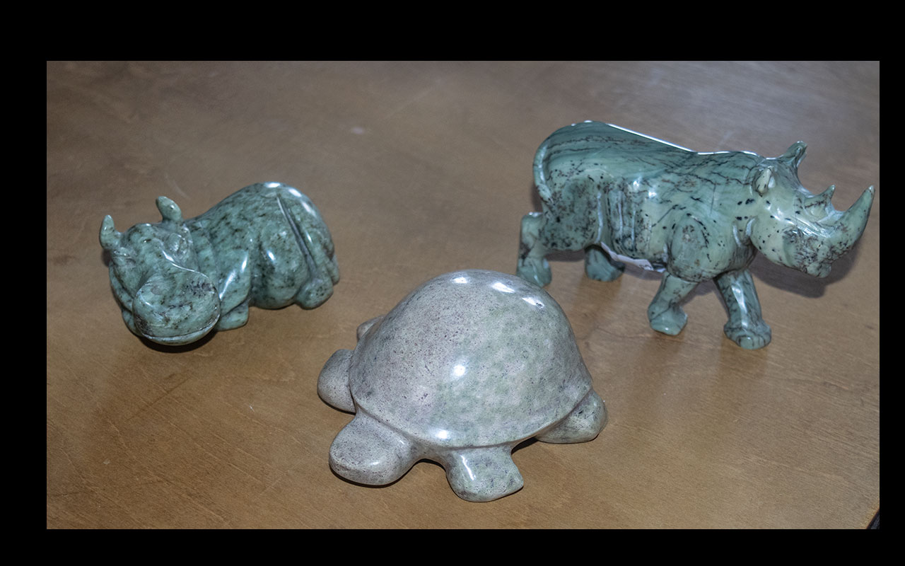 Animal Soapstone Figures ( 3 ) In Total. Comprises 1/ Hippo, Size Approx 9 by 6 cms.