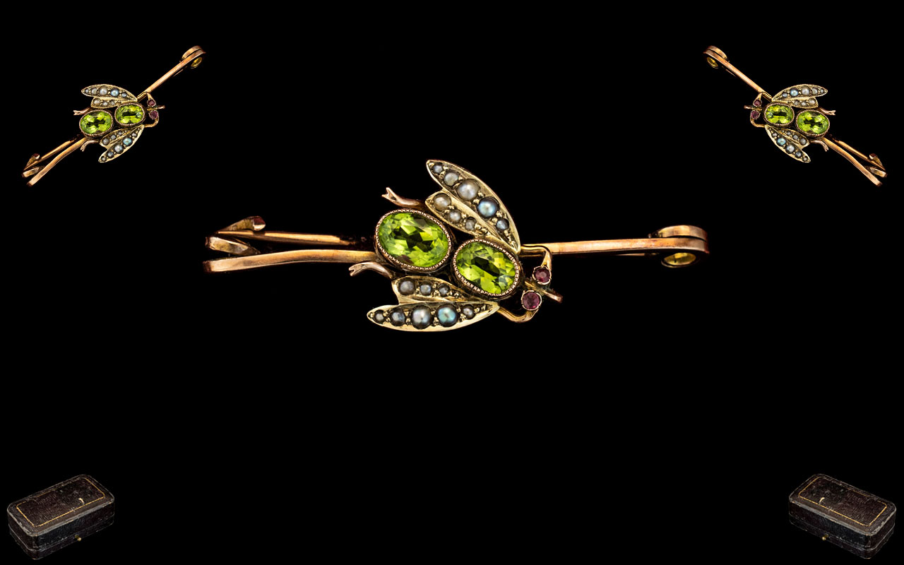 Antique Period - Attractive 15ct Gold Insect Brooch, Set with Peridots, Seed Pearls and Ruby Eyes.