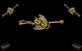 Antique Period - Attractive 15ct Gold Insect Brooch, Set with Peridots, Seed Pearls and Ruby Eyes.