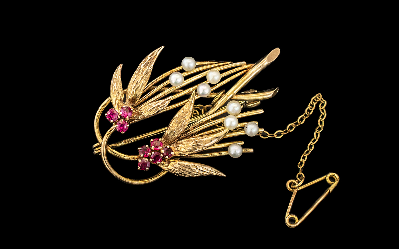 Ladies Superb 9ct Gold Pearl and Rubies Set ' Swallows ' Naturalistic Brooch with Safety Chain.