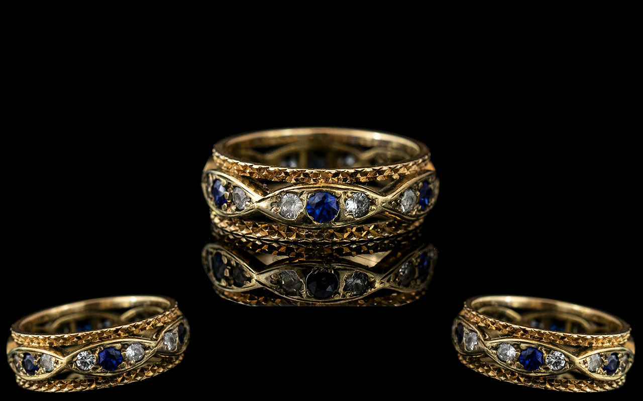 Antique Period - Superior and Exquisite 18ct Gold Sapphire and Diamond Set Band Ring.