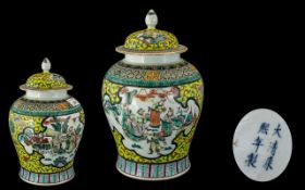 An Antique Chinese Jar and Cover Vignettes depicting figures with floral decoration. Six character