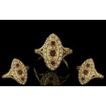 Antique Period Style 18ct Gold Marquise Shaped Ruby and Diamond Set Ring, Excellent Design.