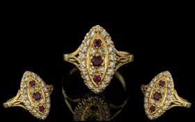 Antique Period Style 18ct Gold Marquise Shaped Ruby and Diamond Set Ring, Excellent Design.