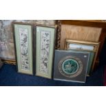 Three Framed Oriental Silks, comprising two matching oblong silks, framed and glazed,