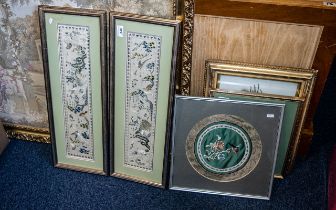 Three Framed Oriental Silks, comprising two matching oblong silks, framed and glazed,