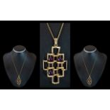 9ct Gold - Studio Art Design Pendant Set with Cabochon Cut Amethysts of Excellent Colour,