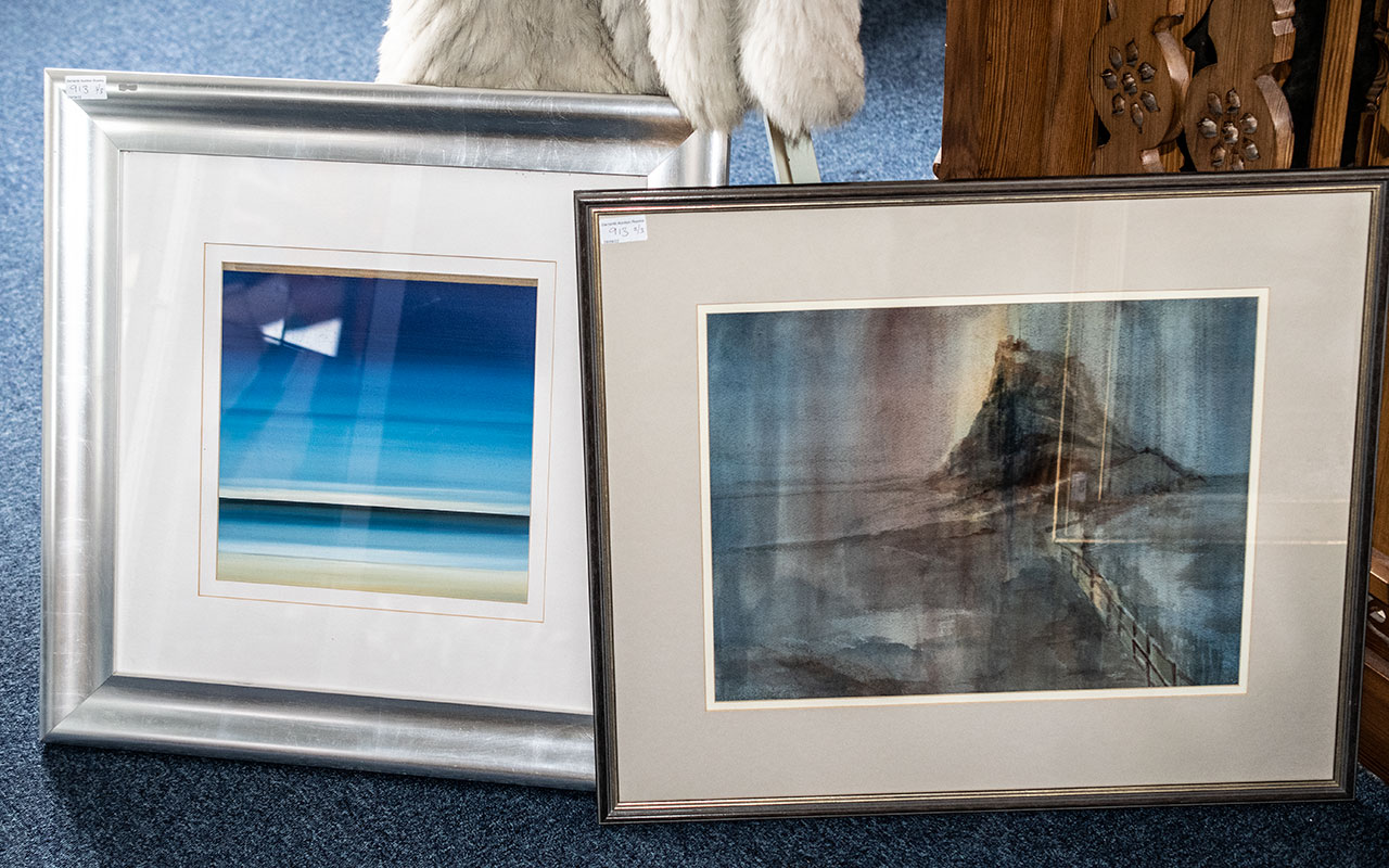 Collection of Three Framed and Glazed Water Colours, depicting a blue sea scape, a harbour scene,