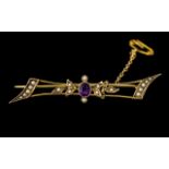 Victorian Period - Attractive 9ct Gold Amethyst and Seed Pearl Set Brooch with Safety Chain.