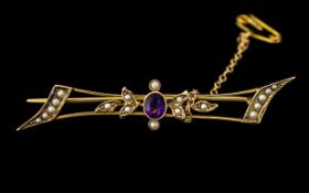 Victorian Period - Attractive 9ct Gold Amethyst and Seed Pearl Set Brooch with Safety Chain.