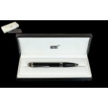 Mont Blanc Ball Point Pen Black Barrel Silver Figments As New in Fitted Case Without a Box.