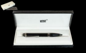 Mont Blanc Ball Point Pen Black Barrel Silver Figments As New in Fitted Case Without a Box.