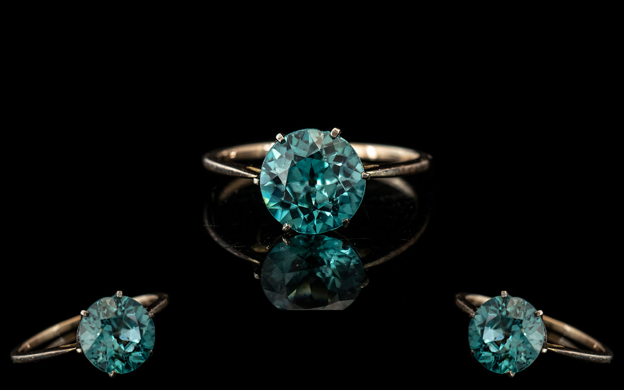 Ladies - 9ct Gold Pleasing Blue Stone Set Ring. Not Marked but Tests Gold. Ring Size J ( Small )