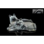 Lalique Frosted Figure of Two Reclining Cats, signed Lalique France to base, measures 6" in length.