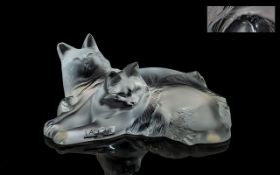 Lalique Frosted Figure of Two Reclining Cats, signed Lalique France to base, measures 6" in length.
