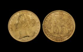 Queen Victoria Young Head - Shield Back 22ct Gold Full Sovereign - Date 1863. Die Number 1, Good