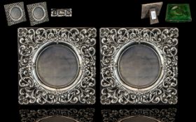 Edwardian Period Pair of Ornate Sterling Silver Photo Frames of Square Form. Hallmark Birmingham