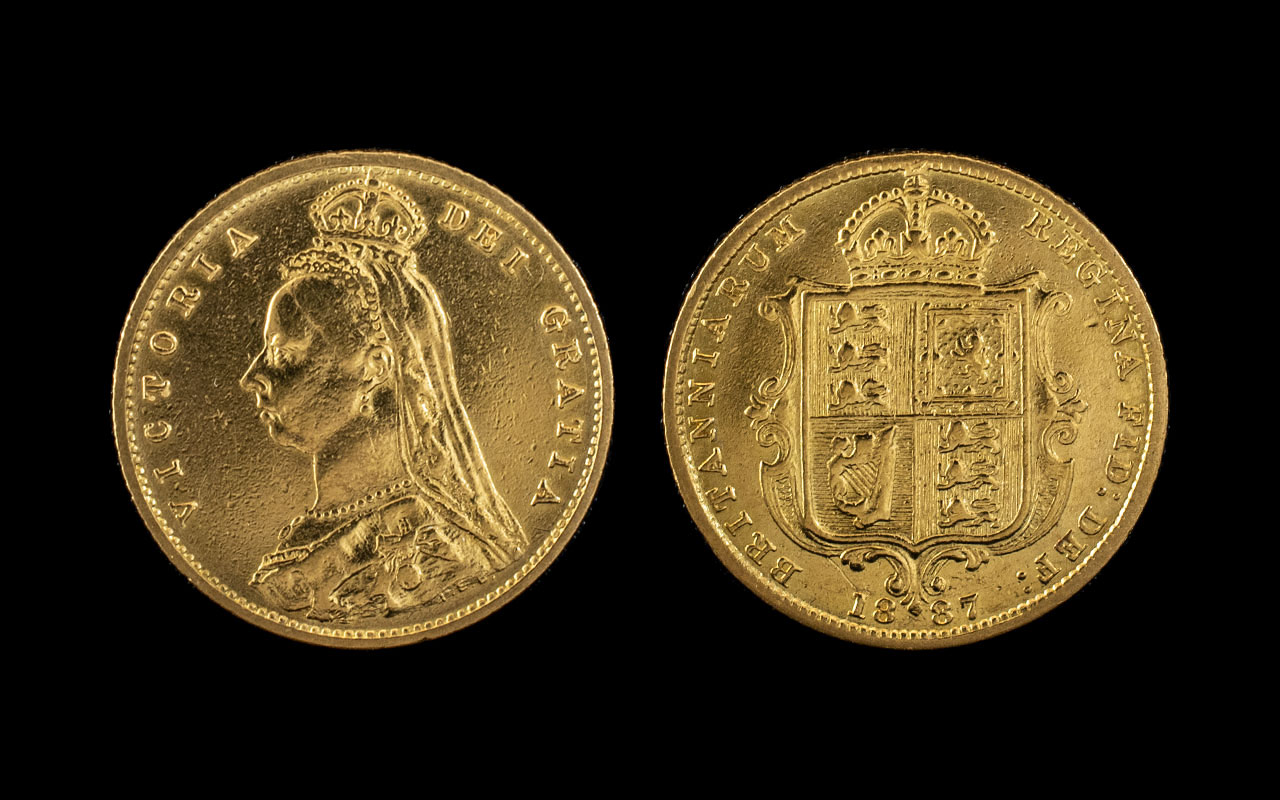 Queen Victoria Jubilee Head - Shield Back 22ct Gold Half Sovereign - Date 1887.