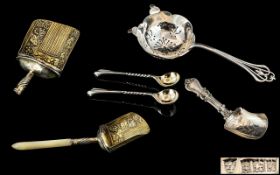A Small Collection of Antique Sterling Silver Assorted Spoons and Tea Strainers. Features George III