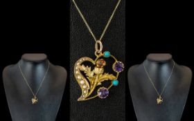 Antique Period - Attractive and Exquisite 9ct Gold Turquoise / Seed Pearl / Amethyst / Citrine Set