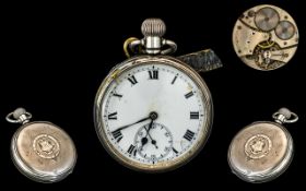 Swiss Made Hexameter Open Faced Sterling Silver Keyless Open Faced Lever Pocket Watch, With Attached