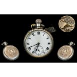 Swiss Made Hexameter Open Faced Sterling Silver Keyless Open Faced Lever Pocket Watch, With Attached