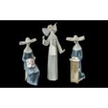 Three Lladro Figures of Nuns, comprising No. 5502 'Meditation' depicting a kneeling Nun at prayer,