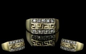 14ct Gold - Greek Key Design Diamond Set Ring. Marked 585 to Interior of Shank.