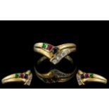 Ladies 9ct Gold Attractive Wishbone Ring, Set with Emeralds, Sapphires, Rubies and Diamonds.