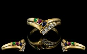 Ladies 9ct Gold Attractive Wishbone Ring, Set with Emeralds, Sapphires, Rubies and Diamonds.